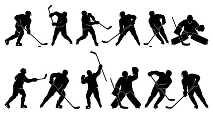 Naklejka premium Collection of Ice Hockey Player Silhouettes in Dynamic Poses