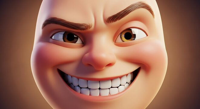 A close-up 3D cartoon face with a wide smile and raised eyebrow
