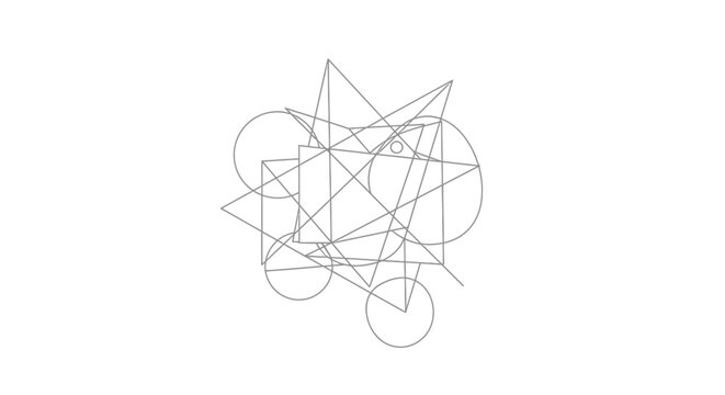 Abstract geometric wireframe structure with complex intersecting lines, circles, squares, and triangles, a modern design concept.