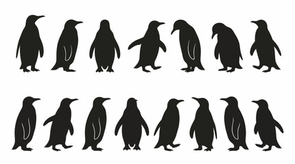 Collection of black penguin silhouettes in various walking and standing poses © Tulippp