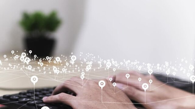Information system, GIS, and global logistics tracking concept with plexus network technology, cyber communication, and developer hands typing on a computer keyboard.