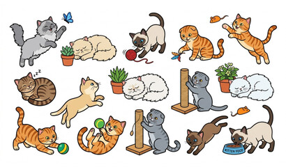 Fototapeta premium Funny Fluffy Purebred Cats Vector Set with Relaxing Playing and Eating Kitty Characters