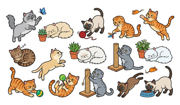 Funny Fluffy Purebred Cats Vector Set with Relaxing Playing and Eating Kitty Characters
