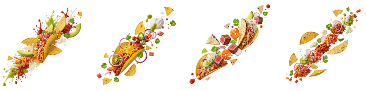 Four assorted mexican tacos with flying ingredients on black background