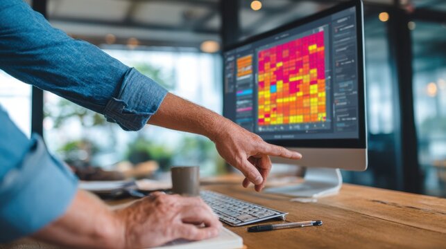 Analyzing vibrant heatmap data visualization on a desktop computer screen in an office workspace
