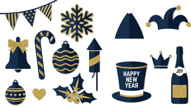 Navy Blue and Gold New Year Set &ndash; Glitter Snowflake, Bell, Top Hat, Jester Hat, Champagne Bottle and Happy New Year Bucket Hat Clipart Collection