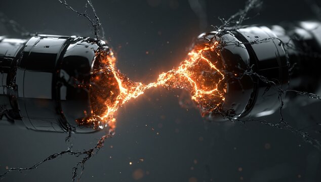 Damaged airplane jet engines with fiery explosion and sparks