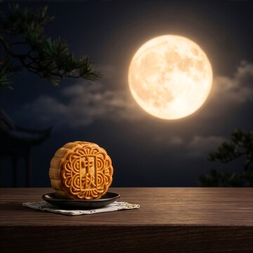 Traditional Mooncake Under Full Moon for Mid Autumn Festival Night Celebration