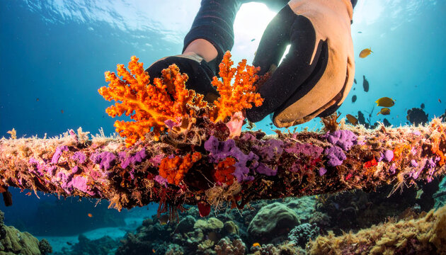 Coral Restoration Underwater: A diver's gloved hands carefully attach a vibrant orange coral fragment onto a restored underwater structure, surrounded by colorful marine life in a clear blue sea.