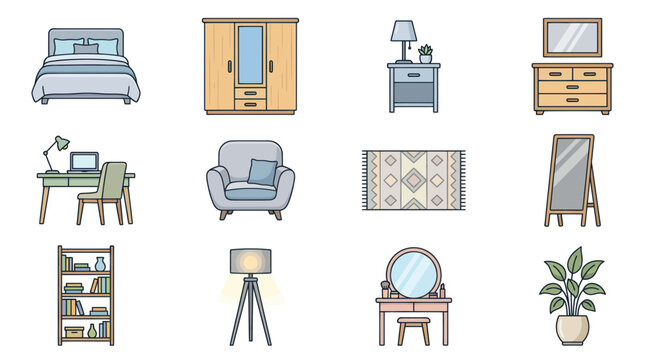 Cozy Home Furniture Collection: Bed, Wardrobe, Desk, Chair, Rug, Lamp