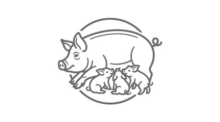 Circular emblem featuring a mother pig and her piglets. © sobah