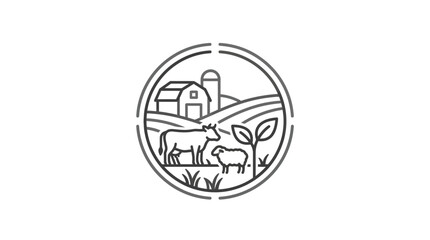 Circular farm landscape line art with barn and livestock © sobah