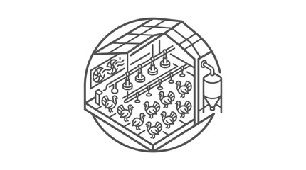 Circular illustration of modern automated chicken coop interior. © sobah