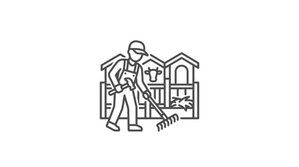 Farmer cleaning animal stalls in a barn icon. © sobah
