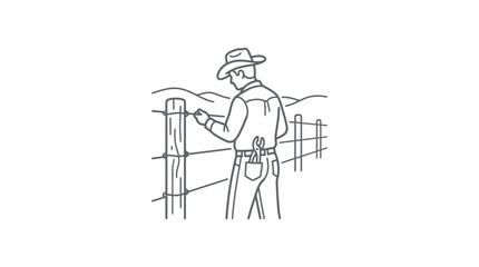 Obraz premium Farmer checking fence in a rural field line art.