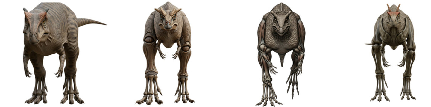 Four carnivorous carnotaurus dinosaur models isolated on black background