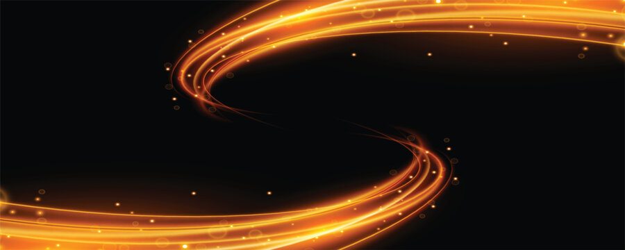 Abstract golden light trail curve in S shape on black background. Glowing neon wave lines with bokeh sparkle glitter vector illustration template for luxury banner design.