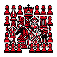 Fototapeta premium Chess set with king queen knight bishop rook and pawn on transparent background. Decorative chess pieces collage for board game, strategy, competition, and tournament concept art.