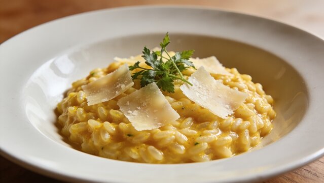 Creamy Italian saffron risotto topped with shaved parmesan cheese and fresh parsley served in a ceramic bowl, food photography.