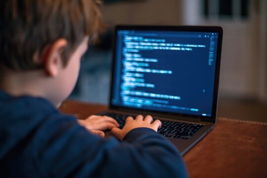Child boy learning programming and coding skills on a laptop for software education
