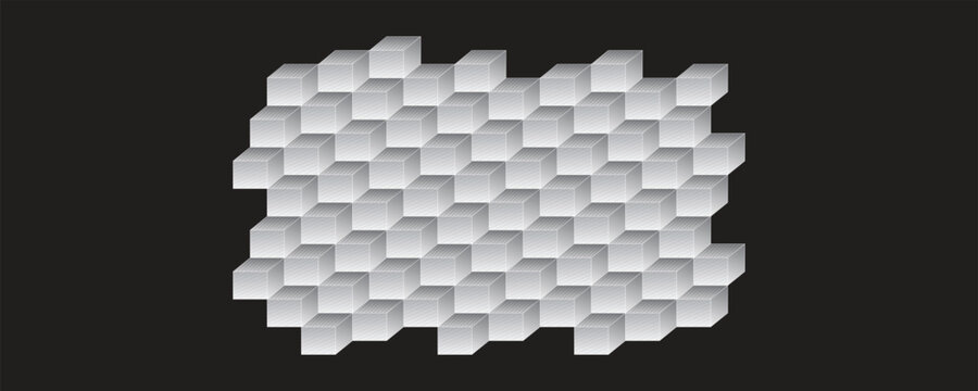 Abstract 3D geometric cube pattern on black background. Seamless isometric white blocks structure vector illustration template for modern tech banner design