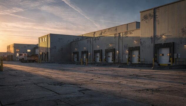 Corrugated box factory with warm dusk lighting casting dramatic shadows across empty truck bays and quiet plant buildings.