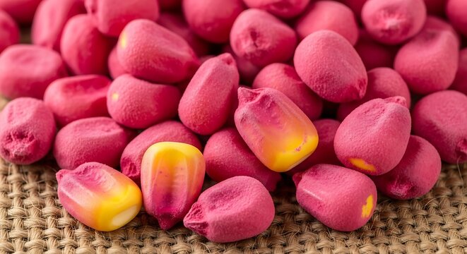 A close-up of pink and yellow corn kernels on a burlap surface
