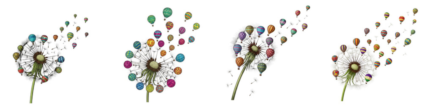 Four dandelion clocks transforming into colorful hot air balloons set
