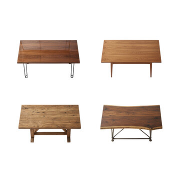 Four distinct wooden tables (oak, walnut, teak, mango) meticulously arranged side-by-side on an infinite white background, material comparison concept