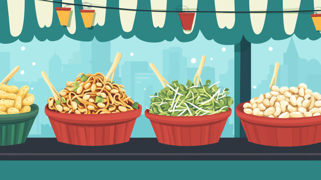 Market stall with three large snack bowls under a striped canopy against skyline