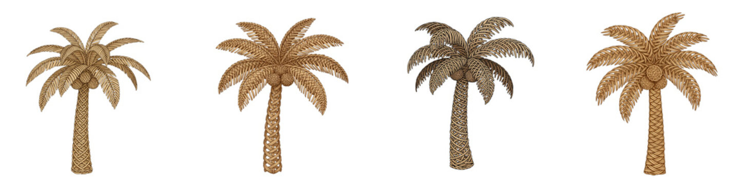 Four decorative golden palm tree illustrations isolated on black background