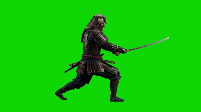 An ancient Japanese samurai in heavy warrior armor lunges forward, swinging his katana sword in a dynamic combat attack pose against a green screen. This high-quality 3D character action is designed f