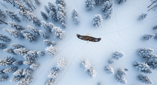 Aerial view of a majestic bald eagle soaring high above the snow covered coniferous forest landscape during the winter season showing the wilderness of nature in the freezing cold mountain
