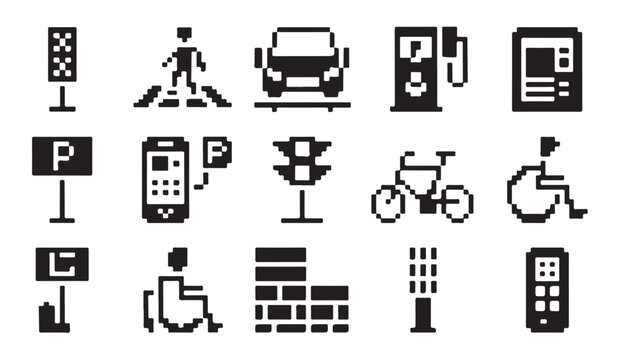 Pixelated icons for urban services accessibility parking and smart city technology solutions.