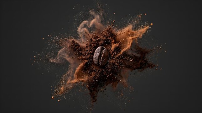 Roasted coffee bean exploding with ground powder. Dynamic splash and burst of rich aroma on a dark background.