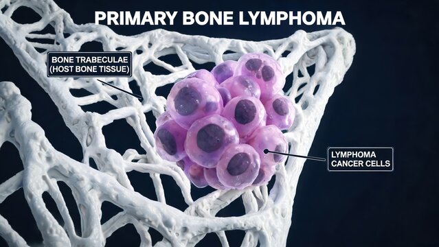 Labeled 3D Medical Render of Primary Bone Lymphoma Showing Malignant Lymphoma Cancer Cells Inside Bone Trabeculae Host Bone Tissue on Dark Scientific Background