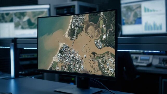 Medium shot of satellite imagery on a highresolution monitor with the main display in sharp focus and surrounding screens blurred highlighting remote disaster impact analysis.