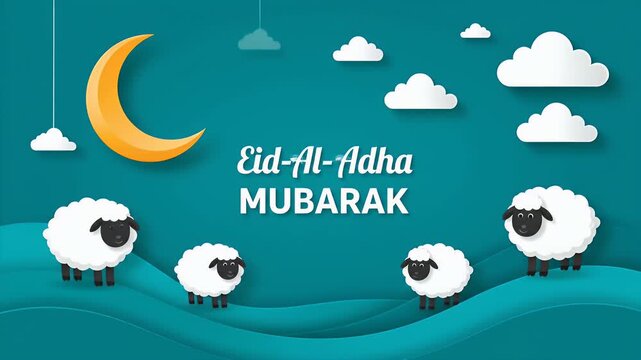 Eid al adha mubarak greeting card with cute paper cut sheep and yellow crescent moon animation