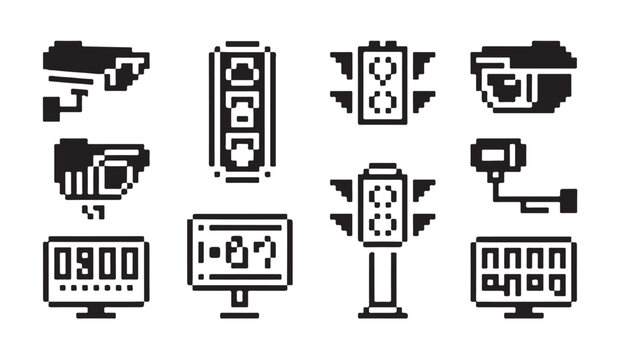 Smart city surveillance and traffic management icons security cameras and control systems.