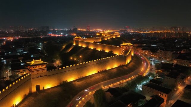Cinematic Slow Motion Aerial Ancient Xi'an City Wall Historic China Dynasty Landscape Loop