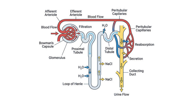 Diagram of a Nephron: Kidney Unit Showing Filtration, Reabsorption, Secretion