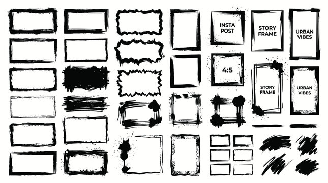 Grunge Brush Stroke Frames and Borders Set - Black and White Design Elements