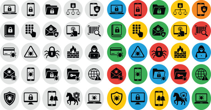 Cyber Security Round Icon Set &ndash; Colorful Circle Icons with Lock, Malware, Firewall, and Folder