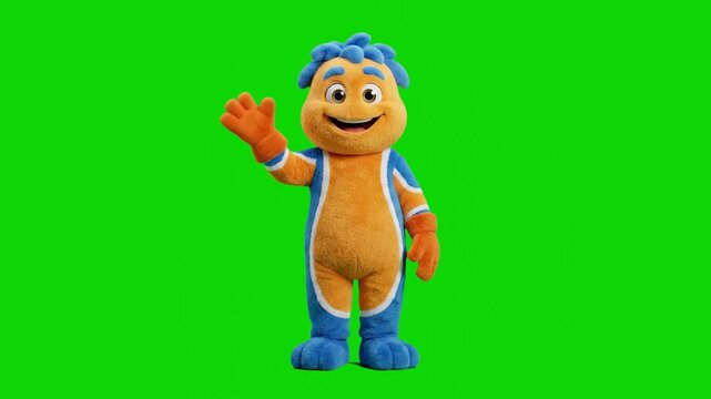 An orange plush puppet mascot with bright blue hair waves cheerfully toward the camera against a green screen studio setting. This live-action or high-end 3D character asset is excellent for children'