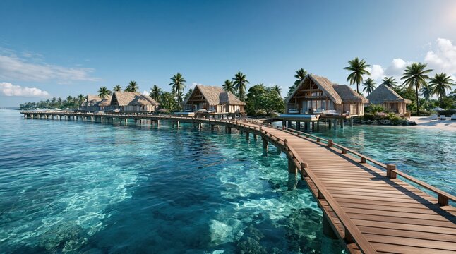 Tropical overwater bungalows with wooden pier and turquoise sea