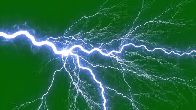 Bright electric lightning strikes across a dark green background