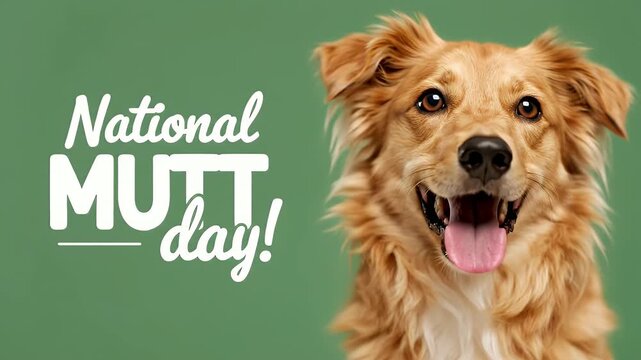 National mutt day celebration with a cute happy mixed breed dog on a solid green studio background