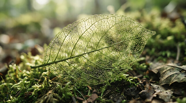Delicate leaf skeleton lies on mossy forest floor with brown leaves
