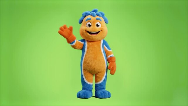 An orange plush puppet mascot with bright blue hair waves cheerfully toward the camera against a green screen studio setting. This live-action or high-end 3D character asset is excellent for children'