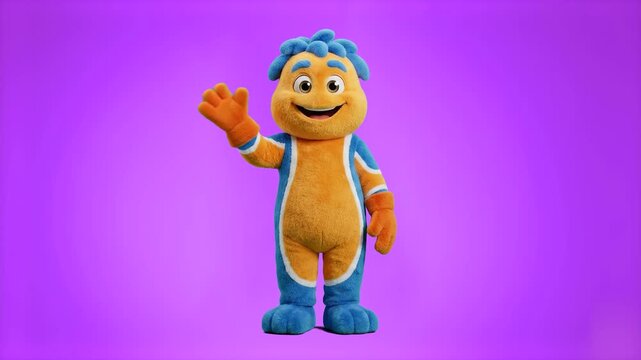 An orange plush puppet mascot with bright blue hair waves cheerfully at the camera against a solid purple studio backdrop. This vibrant character asset is perfect for children's entertainment, brand m